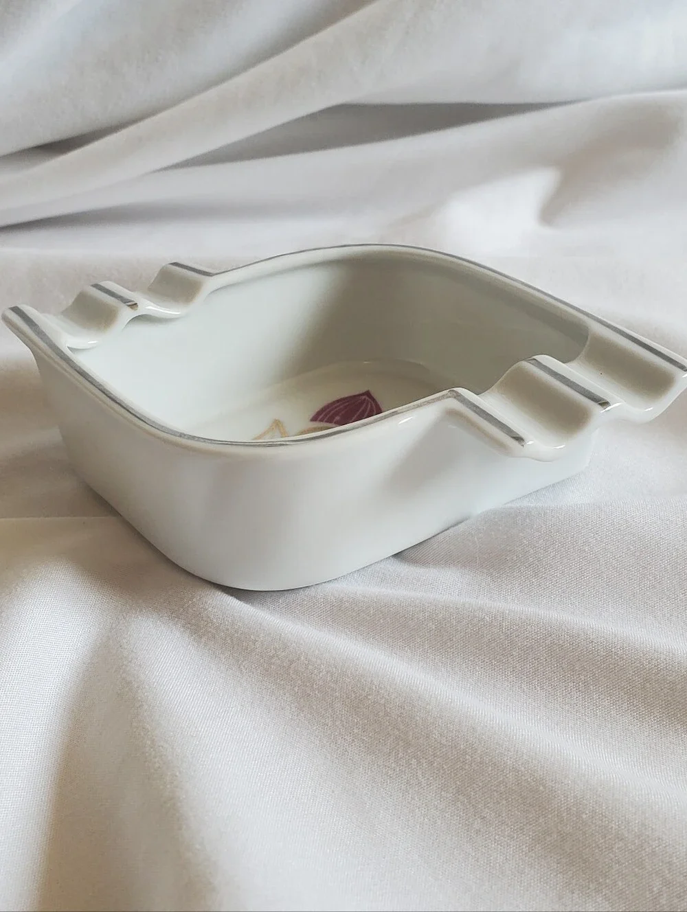 Ucagco China Vintage White Porcelain Ashtray with Gold and Plum Floral Accent